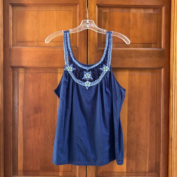 Free People Blue Tank Top Embroidered Green and Light BLue Flowers - Size Large - Picture 4 of 9